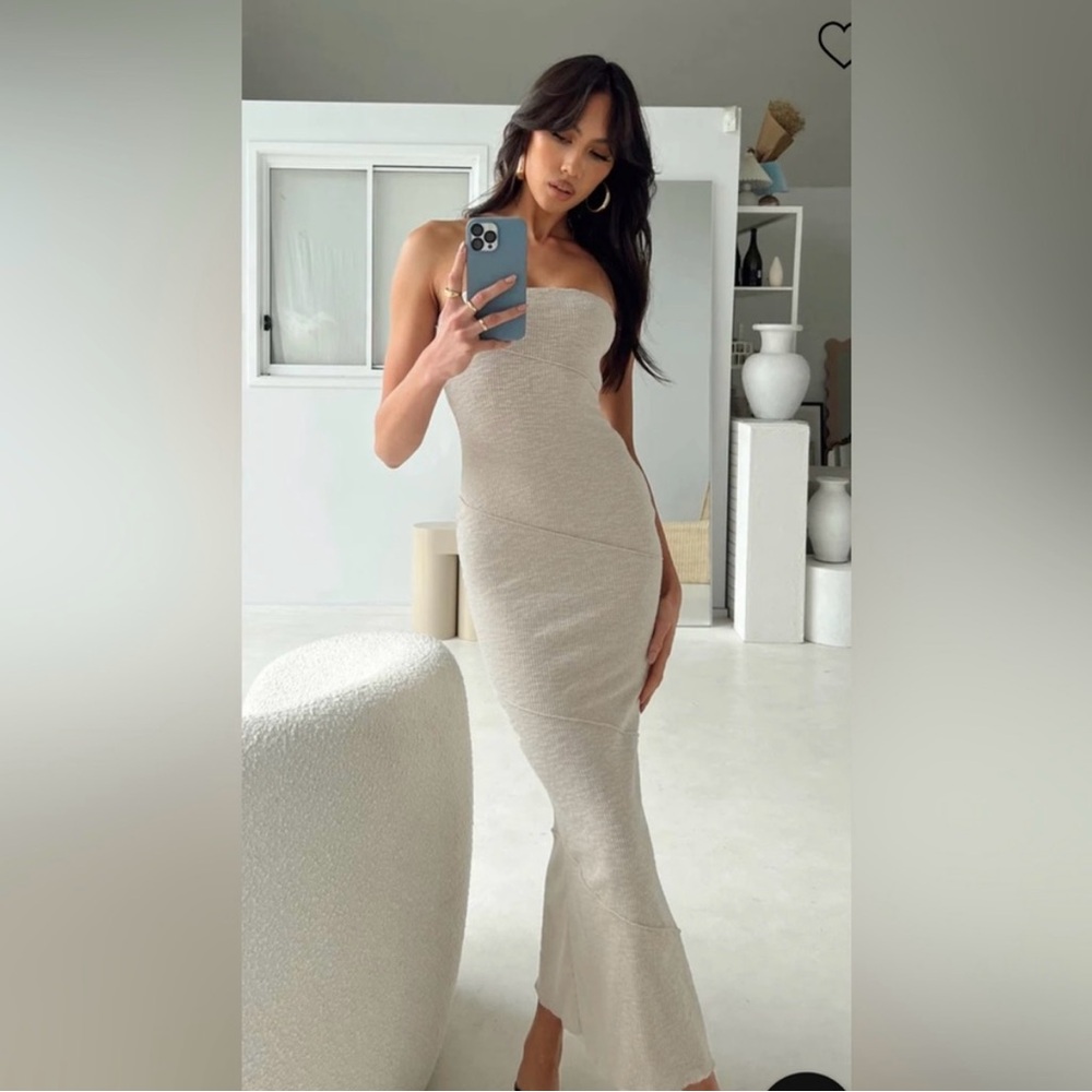 Princess Polly Cream Ribbed Strapless Maxi Dress